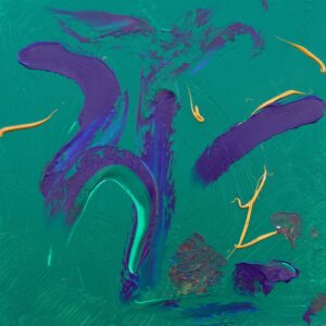 Blue figures on green with yellow splashes