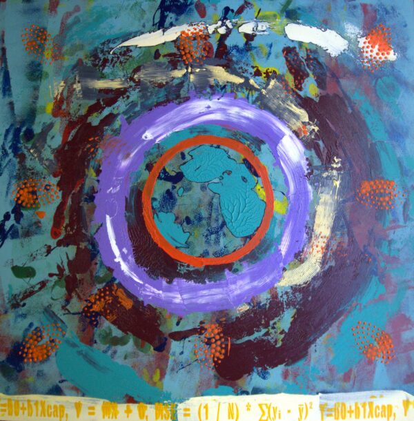 Purple and orange circles encase what looks like a green fetus