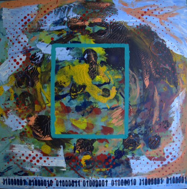 Hard to fathom image coalesces in yellow, brown and green to show a character carrying another character