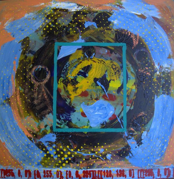 robot or underwater diving helmet containing an image of a character eating